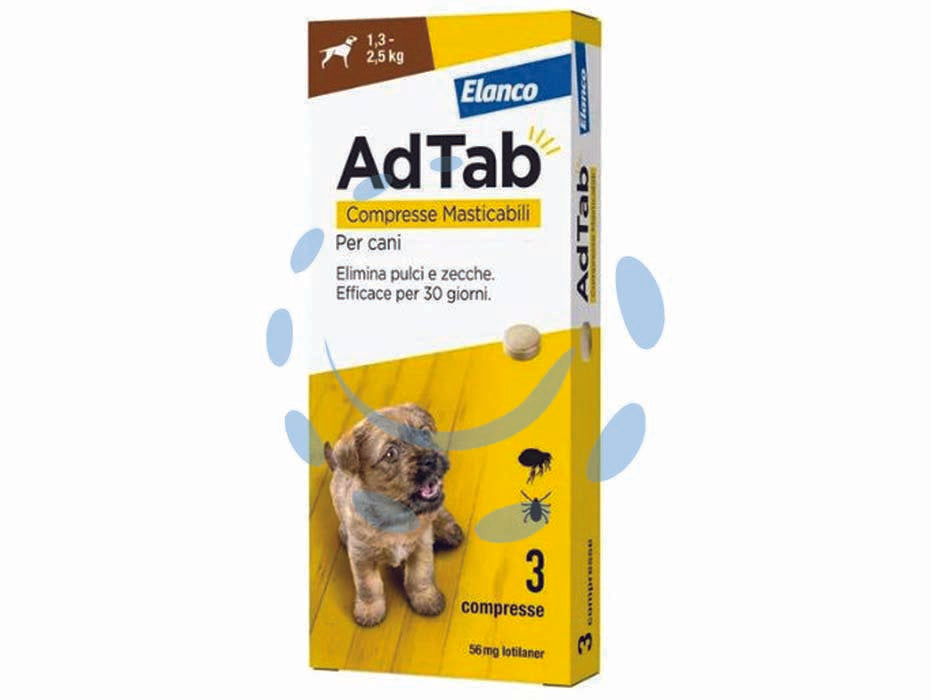 Adtab compresse masticabili per cani kg.1,3-2,5 - 3 compresse da mg.56,25 di lotilaner - elimina pulci e zecche rapidamente, le pulci vengono eliminate prima che possano deporre le uova, efficacia persistente per 1...