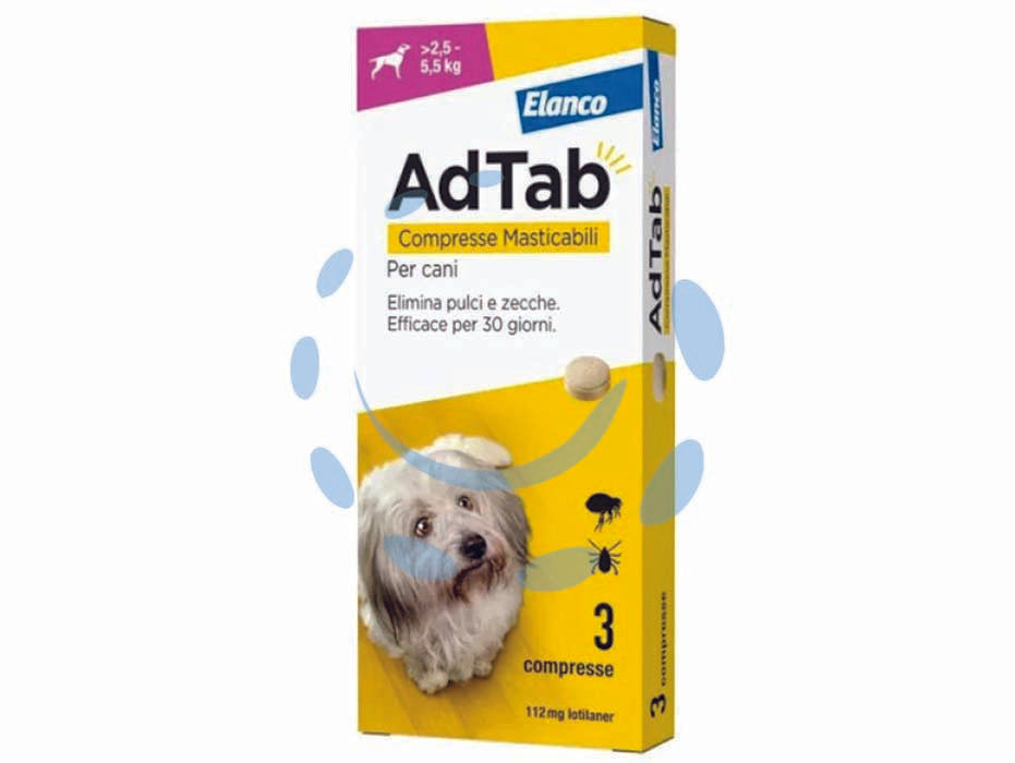 Adtab compresse masticabili per cani kg.2,5-5,5 - 3 compresse da mg.112,5 di lotilaner - elimina pulci e zecche rapidamente, le pulci vengono eliminate prima che possano deporre le uova, efficacia persistente per 1...