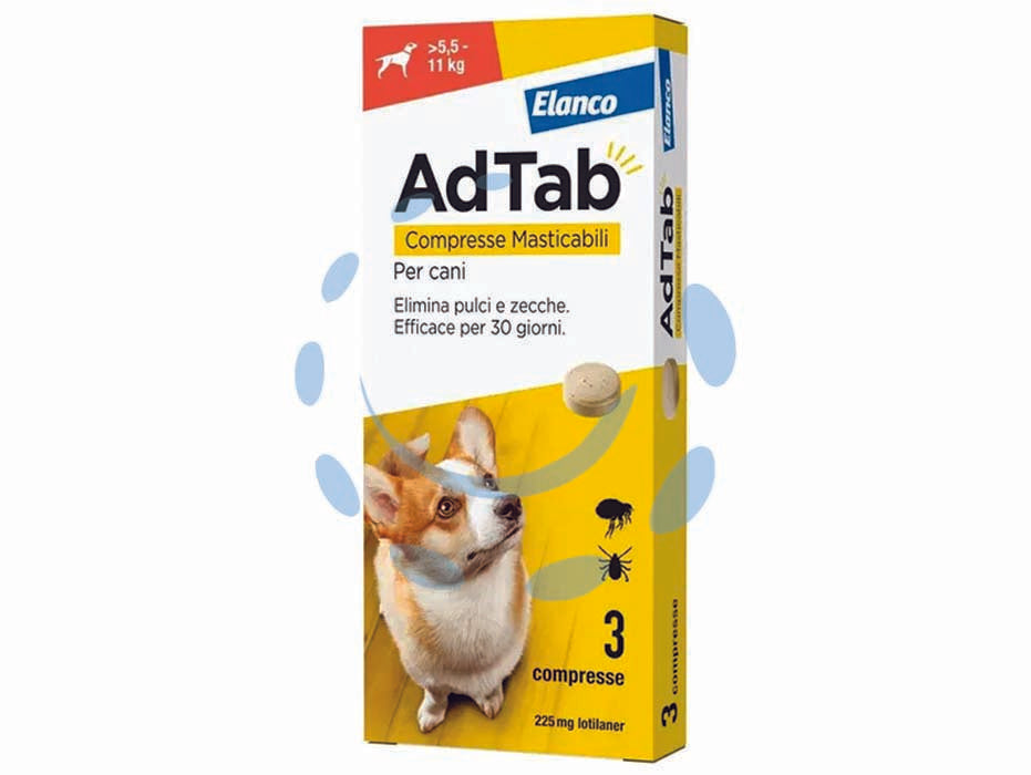 Adtab compresse masticabili per cani kg.5,5-11 - 3 compresse da mg.225 di lotilaner - elimina pulci e zecche rapidamente, le pulci vengono eliminate prima che possano deporre le uova, efficacia persistente per 1...