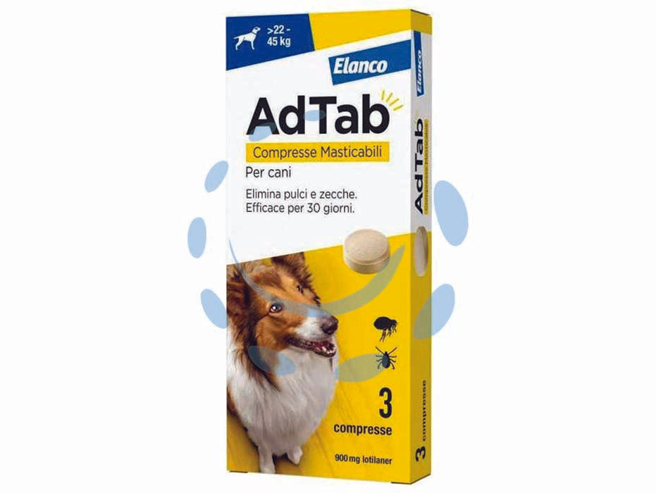 Adtab compresse masticabili per cani kg.22-45 - 3 compresse da mg.900 di lotilaner - elimina pulci e zecche rapidamente, le pulci vengono eliminate prima che possano deporre le uova, efficacia persistente per 1...