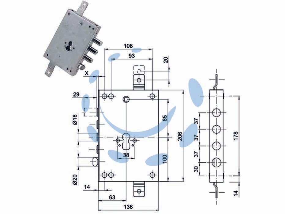 Serratura triplice applicare con scrocco cil. eur. blindate 50137 - mm.63, interasse catenacci mm.37 - in acciaio zincato, catenacci cromati, per cilindro europeo, scrocco reversibile ø 20 azionabile da chiave o maniglia, tripli...