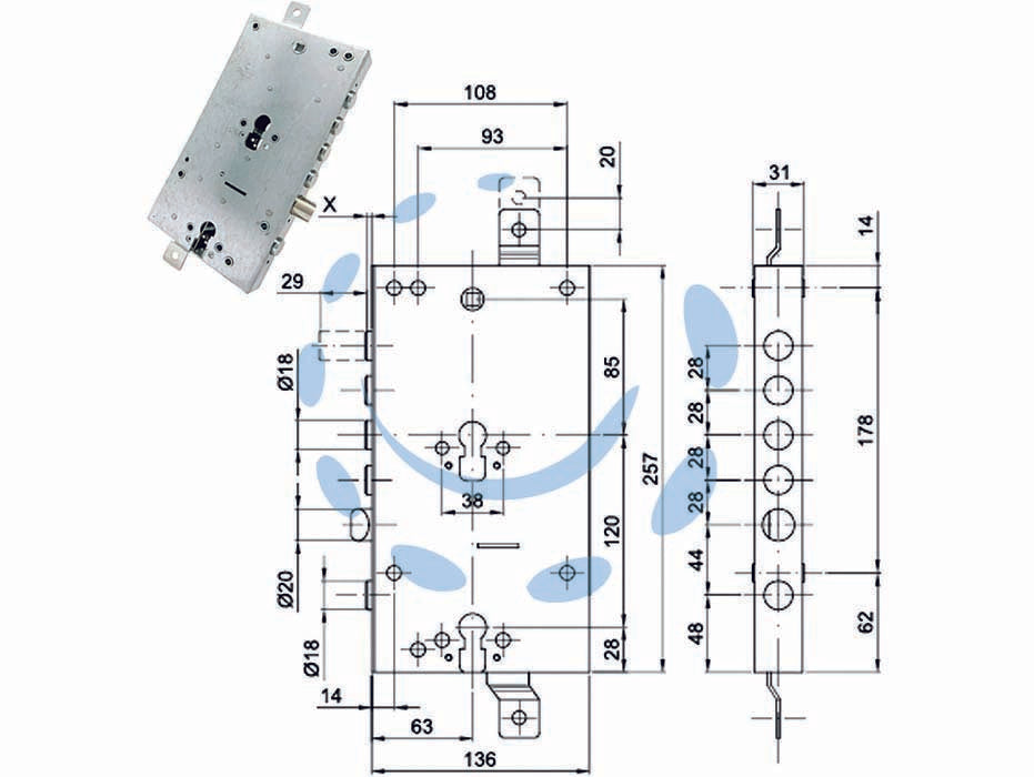 Serratura triplice applicare scrocco doppio cil. eu. blindate 50228 - mm.63, interasse catenacci mm.28 - in acciaio zincato, catenacci cromati, per doppio cilindro europeo, scrocco reversibile ø 20 azionabile da entrambi i cilindr...