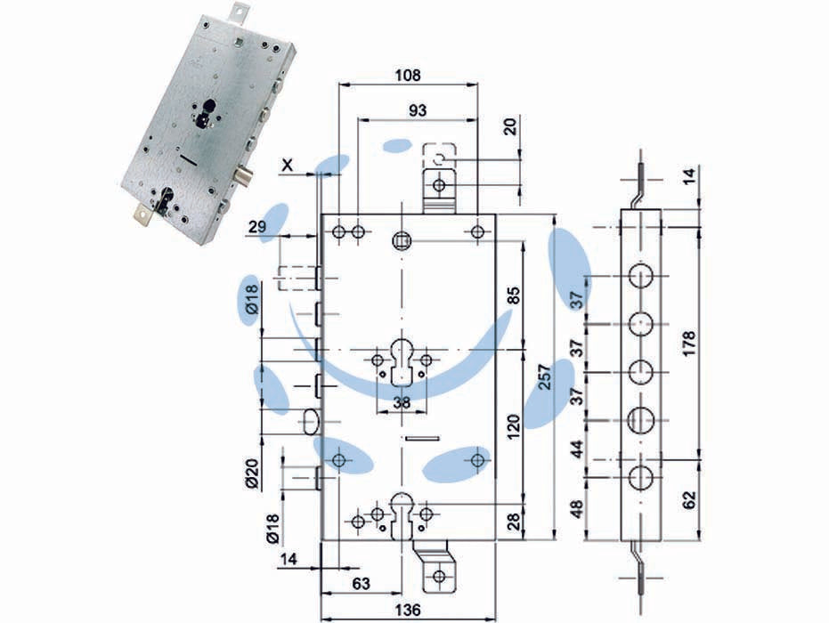 Serratura triplice applicare scrocco doppio cil.eu. blindate 50237 - mm.63, interasse catenacci mm.37 - in acciaio zincato, catenacci cromati, per doppio cilindro europeo, scrocco reversibile ø 20 azionabile da entrambi i cilindr...