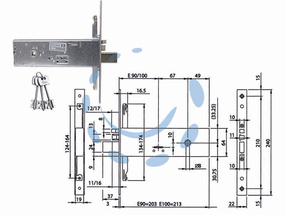 Elettroserratura triplice da infilare per fascia d/mappa mm.64 h 96391 - mm.90 (963910902) - scatola e frontale in acciaio con rivestimento in zinco, frontale inox 240x22x3, agganci aste a vite, 4 mandate con 3 chiavi ...