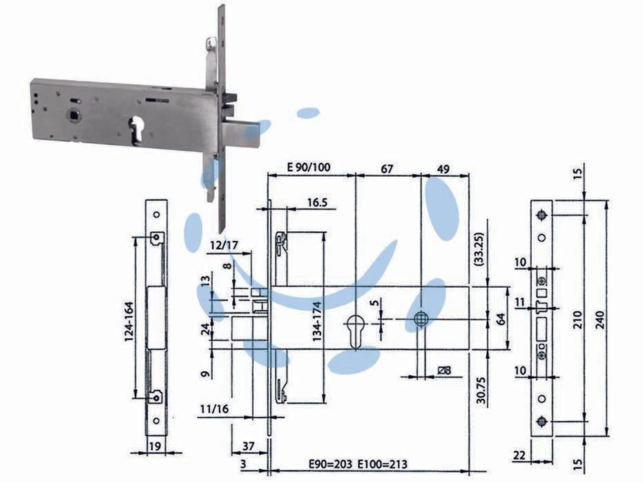 Elettroserratura triplice da infilare per fascia cil.eu. mm.64 h 96392 - mm.90 (963920902) - scatola e frontale in acciaio con rivestimento in zinco, frontale inox 240x22x3, agganci aste a vite, 3 mandate, scrocco e pi...