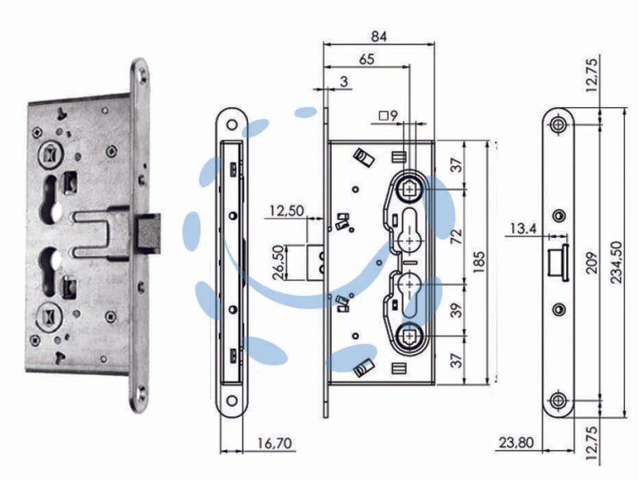 Serratura da infilare antipanico per porte tagliafuoco 214110654 - mm.65 (214110654) - ambidestra, interasse mm.72, testata in acciaio inox, scatola in acciaio con rivestimento in zinco, scrocco in acciaio con ri...