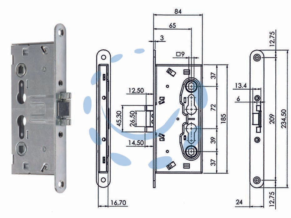 Serratura da infilare per porte tagliafuoco 216 - mm.65 (216120654) - ambidestra, interasse mm.72, 1 mandata mm.15, scrocco azionabile da chiave e maniglia, catenaccio azionabile dalla chiave, fr...