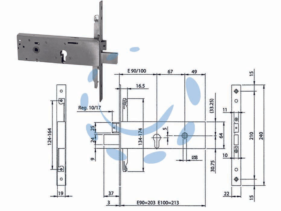 Serratura da infilare triplice con cil. europeo p/fasce mm.64 h 96312 - mm.90 (963120902) - frontale inox 240x22x3, tre mandate da mm.12, scatola mm.64h., modulare, agganci aste a vite, scrocco separato reversibile e ...