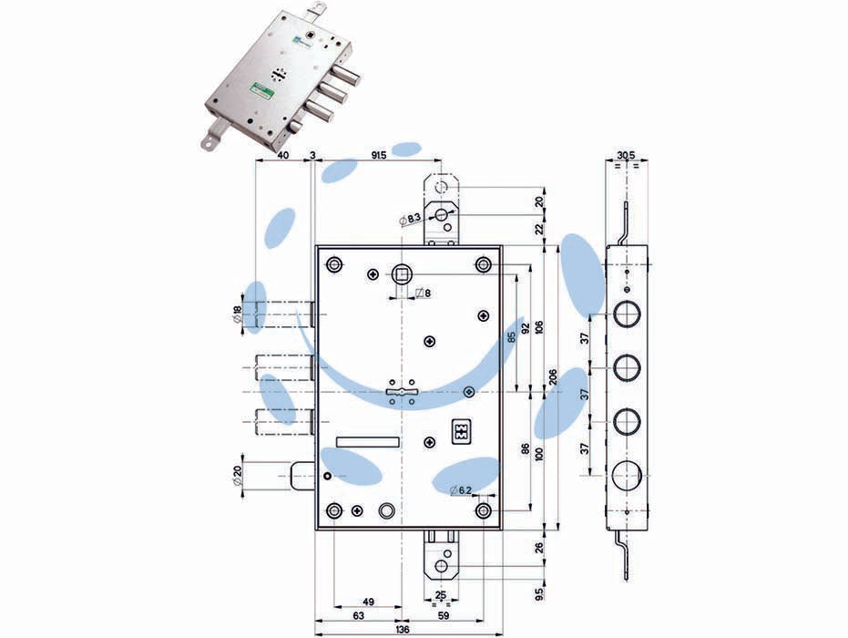 Serratura triplice applicare con scrocco dm blindate 52571ml/37 - mm.63 DX/SX (52571ML 37 36) - a doppia mappa, reversibile, con scrocco azionabile da chiave o maniglia, interasse mm.37 spessore mm.10, chiusura triplice c...