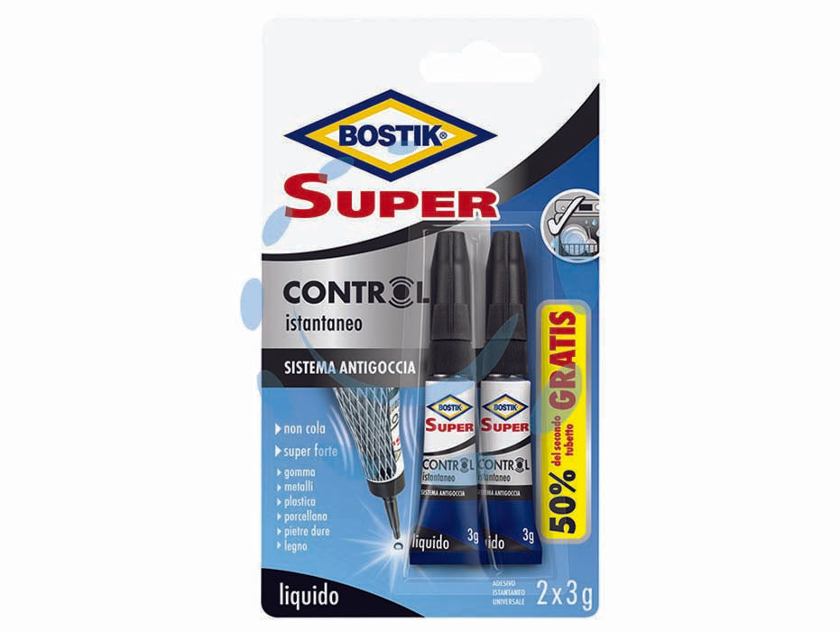 Super control colla istantanea 2x3 gr. - 2 x gr.3 - in blister, adesivo universale istantaneo super forte con innovativo sistema antigoccia, ideale per incollaggi precisi e puli...