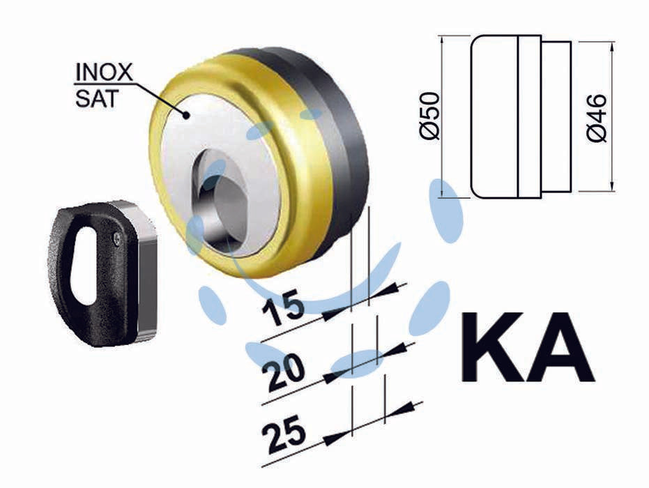 Defender magnetico mag monolito antiacido ka pz.2 mr500 - ø mm.50x15h. compatibile con serrature Cipierre - in acciaio ottonato lucido, in KA, interasse mm.38, dotato di 3 chiavi magnetiche, bocchetta in acciaio inox, bocchetta KT523...