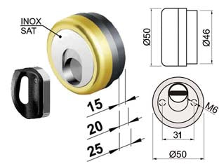 Defender magnetico mag monolito antiacido mr503 ottonato lucido - ø mm.50x25h. compatibile c/serrature Dierre ATRA - in acciaio ottonato lucido, interasse mm.31, dotato di 3 chiavi magnetiche, bocchetta in acciaio inox, bocchetta KT5238-39-40...