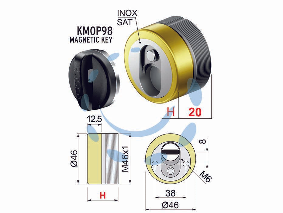 Defender magnetico mag monolito antiacido mr460 - ø mm.46x20h. compatibile con serrature Cipierre - in acciaio ottonato lucido, interasse mm.38, ø mm.46, dotato di 3 chiavi magnetiche, bocchetta in acciaio inox satinato