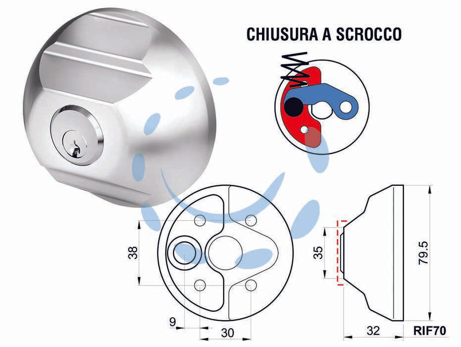 Serratura di sicurezza per furgoni ka pz.2 rif70 - ø mm.79,5x32h. - chiusura a scrocco, apertura interna di sicurezza, in KA