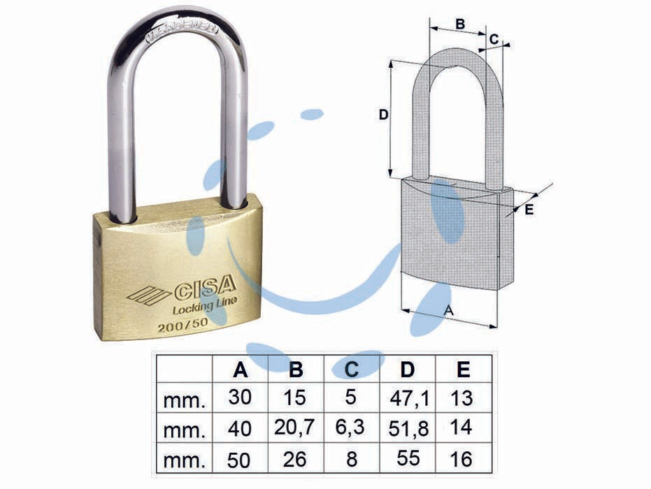 Lucchetto locking line arco lungo 20011 - mm.30 (art.20011300) - corpo monoblocco in ottone smerigliato, arco in acciaio carbonitrurato nichelato (escluso mm.20 e 25), doppio sistema di bloc...