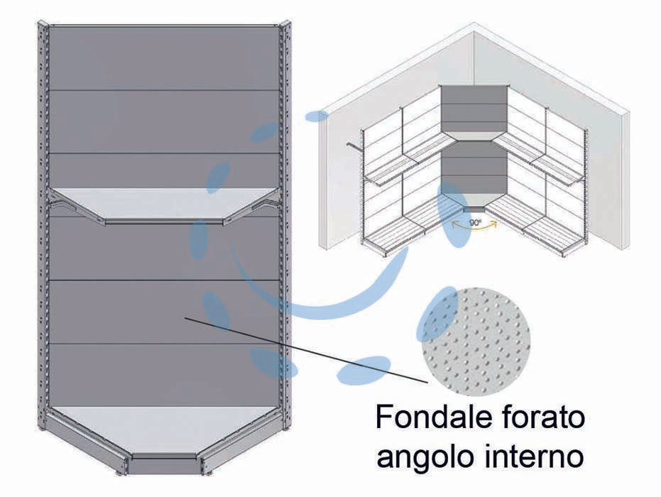 Fondale in lamiera forato angolo interno mm.400h grigio ral 7035 - mm.1000 l.x400 h. - componente per arredamento negozio in acciaio verniciato, passo 25, con fori asimmetrici