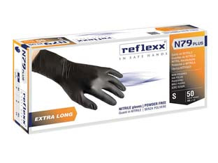 Guanto in nitrile extra lungo gr.4,0 senza polvere nero - tg.S in conf. da 50 pz. - colore nero, senza polvere, manichetta lunga, gr.4,0, mm.300, AQL 1.5, D.P.I. di III Cat. Reg. UE 2016/425